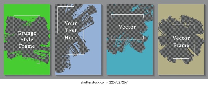 Brush stroke frame social media story post template set. Grunge banner design vector collection. Text place transparent background. Social media grunge story publications.  Border box templates