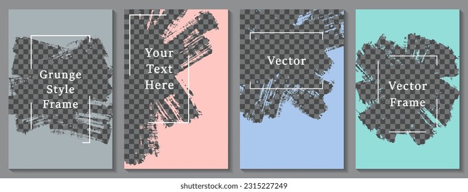 Brush stroke frame social media story post template set. Grunge banner design vector collection. Empty space transparent background. Social media story publication layouts.  Editable blog mockups