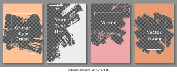 Brush stroke frame social media story post template set. Messy banner design vector collection. Text place transparent background. Social media story publication layouts.  Paint flyer templates