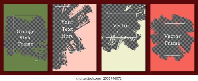 Conjunto de Plantilla de post de historia de redes sociales con trazo de pincel. Colección de Vector de diseño de Anuncio desordenado. Espacio vacío de fondo transparente. Diseños de publicación de historias de redes sociales.  Fuentes de blog editables