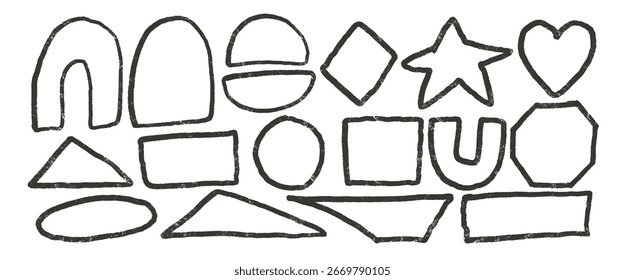 Brush stroke geometric shapes set. Text boxes underline textured frames. Octagon, rectangles, oval and triangles frames elements. Vector hand drawn grunge geometric figures.