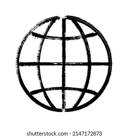 Pinselstrich Globus Symbol, Erdschild, Weltsymbol, Vektorgrafik. Schwarzes Piktogramm auf weißem Hintergrund. Circle einfache Umriss Globus Web-Icon. Planet mit Parallelen und Meridianen-Webzeichen.