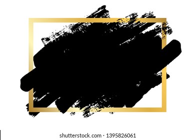 Brush stroke, gold text box, isolated white background. Black paint brush. Grunge texture stroke frame. Ink design. Border artistic shape, paintbrush element. Brushstroke graphic Vector illustration