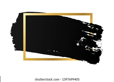 Brush stroke, gold text box, isolated white background. Black paint brush. Grunge texture stroke frame. Ink design. Border artistic shape, paintbrush element. Brushstroke graphic Vector illustration