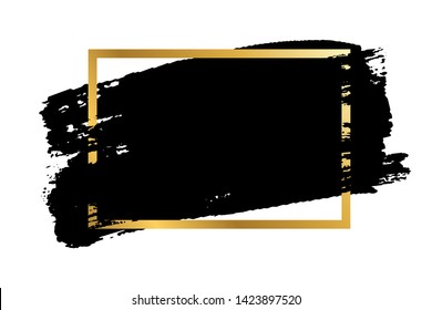 Brush stroke, gold text box, isolated white background. Black paint brush. Grunge texture stroke frame. Ink design. Border artistic shape, paintbrush element. Brushstroke graphic Vector illustration