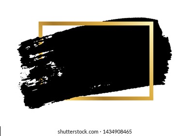 Brush stroke, gold text box, isolated white background. Black paint brush. Grunge texture stroke frame. Ink design. Border artistic shape, paintbrush element. Brushstroke graphic Vector illustration