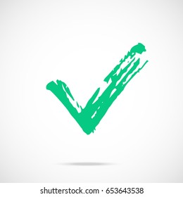 Brush stroke green check mark icon. Painted tick symbol. Vector icon isolated on gradient background