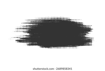 Pinselstrich Grunge Design-Element, schmutzige strukturierte Stelle. Handgezeichneter Schmutzspritzer mit Rasterpunkteffekt. Schwarze Tinte Fleck trockene FarbePinsel fett Kratzer einzeln auf weißem Hintergrund