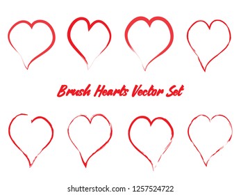 Brush Stroke Grunge Hearts Vector Set. Cute Red Heart Icons Collection isolated on White. Love Symbol Vector Template. Editable elements for Valentine Cards, Stickers, Covers, Wallpapers, Prints