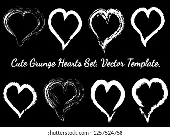 Brush Stroke Grunge Hearts Vector Set. Cute White Heart Icons Collection isolated on Black. Love Symbol Vector Template. Editable elements for Valentine Cards, Stickers, Covers, Wallpapers, Prints