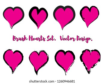 Brush Stroke Grunge Hearts Vector Set. Cute Pink Heart Icons Collection isolated on White. Love Symbol Vector Template. Editable elements for Valentine Cards, Stickers, Covers, Wallpapers, Prints