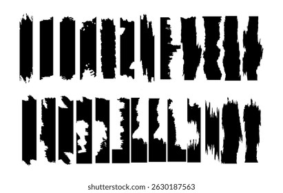 Brush Stroke Grunge Set, Vertical Black Torn Edges Elements, Distressed Ink Stripes Collection