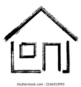 Brush stroke handdrawn style house icon vector graphic design. Sweet home sign, painted homepage web icon. Country house, family shelter. Home buildint logo. Village building with door, windows.