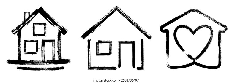 Iconos de la casa de estilo dibujado a mano de pincel conjunto gráfico vectorial. Señal de hogar dulce, icono de página de inicio pintado. Casa de campo, refugio familiar. Conjunto de logotipos de construcción en casa. Edificio de pueblo con chimenea, ventanas.