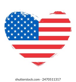 Brush stroke heart shape with national flag of the United States of America. Graphic design for American holidays greeting cards and invitations. Vector illustration.