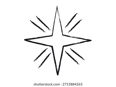 Brush stroke illustration of a four-pointed star in sketch style shining on a white background