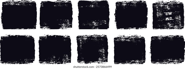 Brush stroke, ink paint brush, grunge lines. Black square shapes with ripped jagged borders on white background. Vintage grunge boxes for collage, text, banner, sticker, poster design.