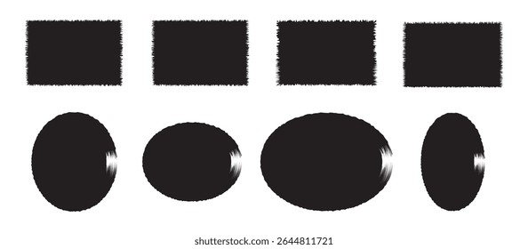 Traçado do pincel, pincel de tinta, retângulo grunge e círculo. Coleção de banner Grunge. Ilustrações vetoriais de círculo e retângulo com bordas texturizadas desenhadas com pincel. Forma grunge.