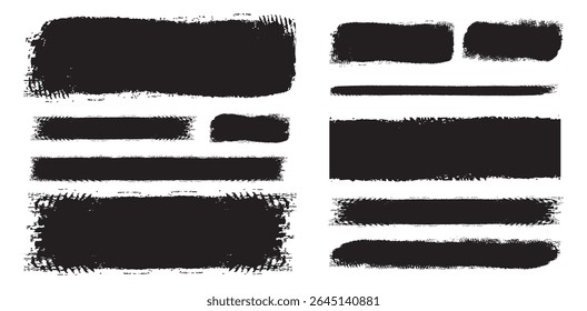 Traçado do pincel, pincel de tinta, linhas grunge. Bandeiras de tinta preta Grunge, conjunto de manchas retangulares de tinta, grunge formas ásperas. Elementos de design Grunge.