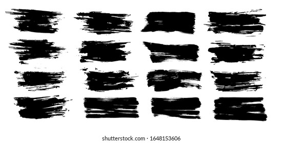 Brush stroke, ink splashes stencil. High quality manually traced. Black inked splatter dirt stain splattered spray splash with drops blots. Vector illustration brush stroke set