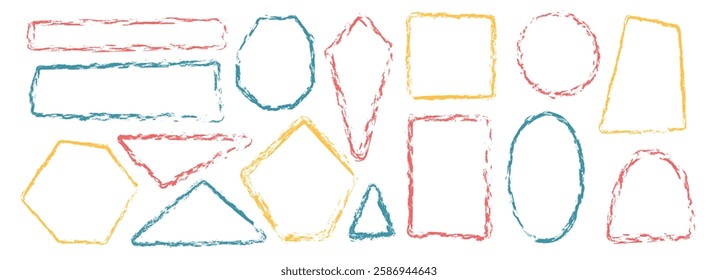 Brush stroke kids geometric shapes set. Text boxes paint textured thin line frames pack. Rounded and square borders figures. Vector hand drawn quotation stickers shapes. Triangle grunge tag callout.