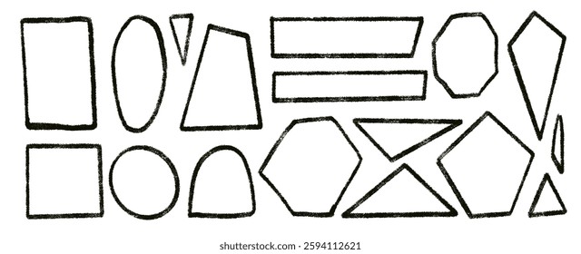 Brush stroke kids geometric shapes set. Text boxes paint textured thin line frames pack. Rounded and square borders figures. Vector hand drawn quotation stickers shapes. Triangle grunge callout.