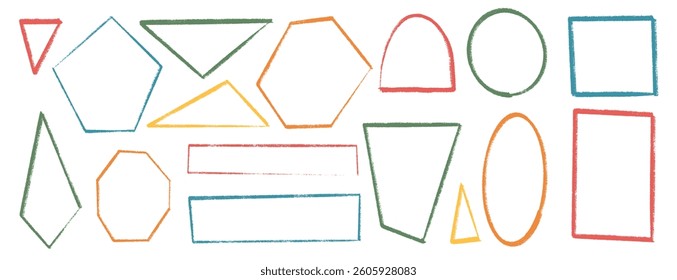 Brush stroke kids geometric shapes set. Text boxes paint textured thin line frames pack. Rounded and square borders figures. Vector hand drawn quotation stickers shapes. Triangle grunge callout design