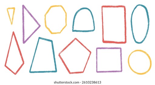 Brush stroke kids geometric shapes set. Text boxes paint textured thin line frames pack. Rounded and square borders figures. Vector hand drawn quotation stickers shapes. Triangle grunge callout design