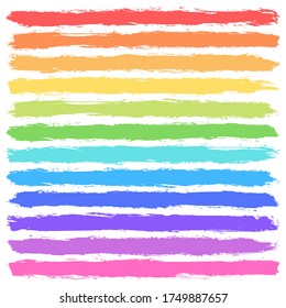 Brush stroke left a imprint with paint texture. Red, orange, yellow, green, teal, turquoise, blue, violet, purple, pink colors. Vector illustration is a graphic element for artistic design projects.