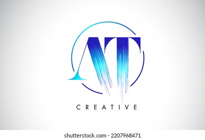 AT Brush Stroke Letter Logo Design. Blue Paint Logo Leters Icon with Elegant Circle Vector Design.