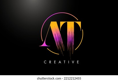AT Brush Stroke Letter Logo Design. Orange Purple Paint Logo Leters Icon with Elegant Circle Vector Design.