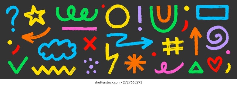 Pinsel Strich Linie abstrakte Grafik Formen Textur gezeichnet Malset. Handgezeichnete Skizze Doodle Kritzelpinsel geometrische Zicklein Farbe Form Buntstift. Abstrakter Pfeil, Kreis, Zickzack-Vektorgrafik