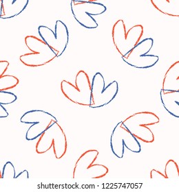Brush Stroke Lovers Hearts Tossed Seamless Vector Pattern. Hand Drawn Romantic Line Texture for Trendy Summer Textile Print, Wedding Decor, Girly Fashion Prints, Valentines Day Card. Vintage Blue Red 