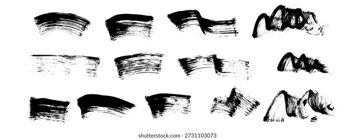 Brush stroke mascara set isolated. Black paint ink texture dramatic mascara-like smudge effect for cosmetic branding and makeup product design with artistic brush appeal. Vector rough smear emphasis.