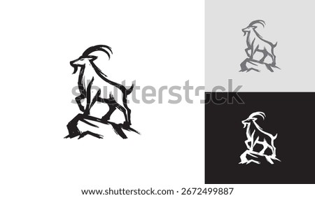 Brush Stroke Mountain Goat Logo Standing On Rock