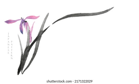 Brush stroke natural pattern with lily flower in Chinese style  banner design. Japanese background with black and purple watercolor texture painting texture. Branch of floral pattern.