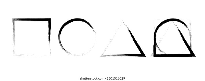Brush stroke outline vector set basic geometric shapes. Triangle, circle, cube