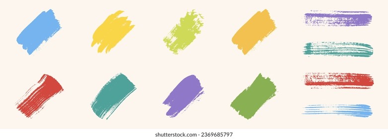 Brush Stroke Paint Color Set. Paintbrush Grimy Texture. Watercolor Stain, Brushstroke Splash. Ink Scribble, Splatter Collection. Dirty Blotch. Abstract Design Element. Isolated Vector Illustration.