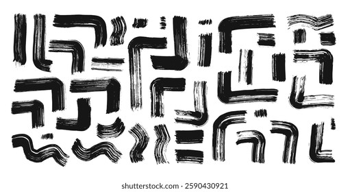 Brush stroke paint lines set. Vector hand drawn scribble ink geometric stripes background. Abstract black charcoal graphic elements pattern. Bold paintbrush grunge. Hand made dab line vector design.