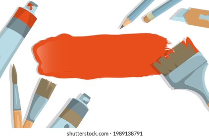 Un pincel con pintura sobre un fondo blanco.  Borde, un marco con herramientas de arte tipo caricatura con espacio para tu texto. Atributos para la creatividad y los hobbies. Imagen vectorial de EPS10.