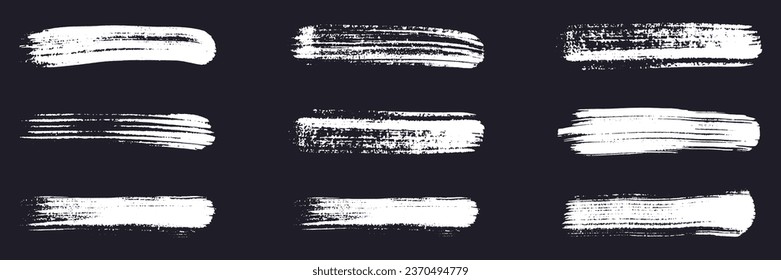 Brush Stroke Paint Set. White Splatter in Rectangle Shape. Long Brushstroke, Grunge Texture. Paintbrush Splash. Abstract Design Element on Black Background. Isolated Vector Illustration.