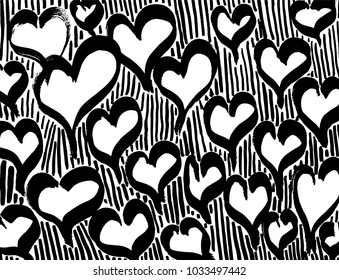 Brush stroke pattern with hearts. Watercolor.