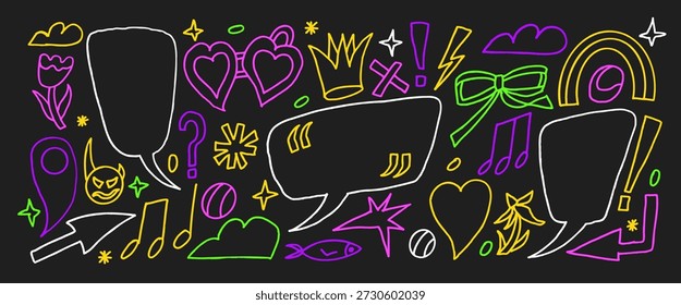 Pinsel Strich Bleistift Sprache Blase Formen. Textfeldrahmen-Zeichensatz. Pfeil, geometrisches, abstraktes Design für lustiges Layout. Spielerische Legendenzeichen markieren Dialog oder Gedanken. Handgezeichnetes Vektordoodle
