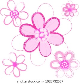 brush stroke pink flowers on white background, vector illustration, cute pink floral