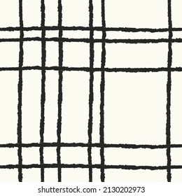 Brush stroke plaids pattern. Seamless repeat vector illustration.  Hand drawing black and white stripe. Line art.