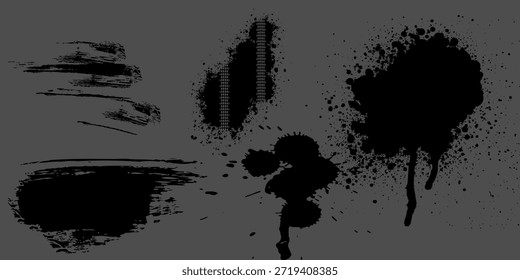Paquete de elementos radiales de trazo de pincel. Conjunto de tinción redonda de pintura seca. Colección de círculo de tinta grunge negro.  Manchas de carbón dibujadas a mano para el diseño del marco, cartel, Anuncio, Plantilla, cuadro de texto. Vector de puntos circulares modernos