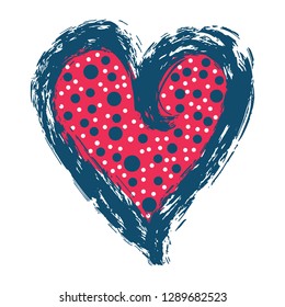 Brush stroke red blue vector love heart and dotty circles texture. Hand drawn illustration motif.  Motif illustration for sticker,  passion valentines day card, romantic wedding or proposal clipart.
