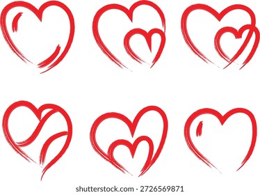 Conjunto De Ícones De Coração Vermelho Traçado Com Pincel. Símbolos artísticos de amor e paixão.