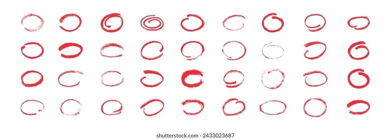 Brush stroke red ovals highlight set. Hand draw vector stock illustration isolated on white background for textured underline text in presentation, design massage, frame. EPS10
