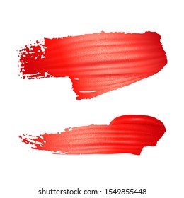 Brush stroke of red paint or lipstick different shapes set isolated on white background, creative art, gouache, acrylic texture, vector illustration